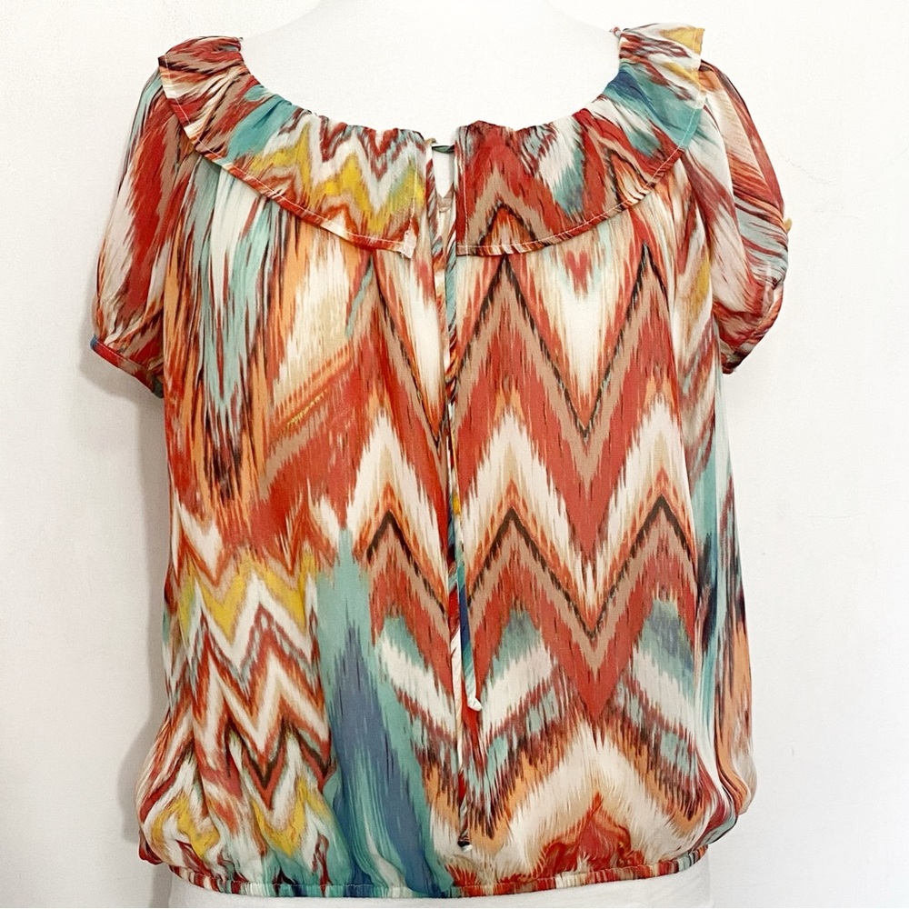 JohnPaulRichard Colorful Ruffle Tie Neck Puff Sleeve Chevron Lined Chiffon Top M